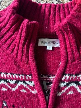Northern Reflections Red Fair Isle Bird Zip Sweater Large